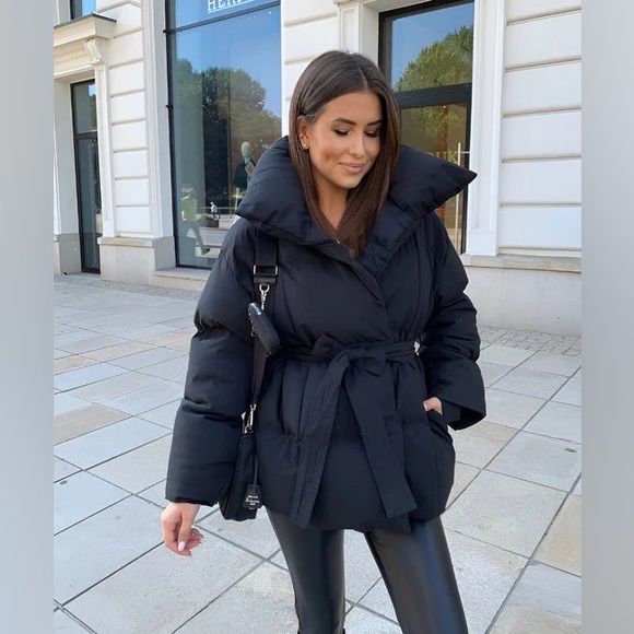 Black tie waist belted puffer jacket coat - Picture 7 of 10